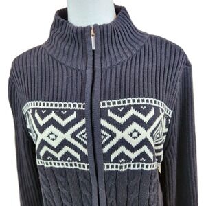 Chaps Womens Ribbed Cable Knit Sweater Sz Large Black White Full Zip‎ Fair Isle